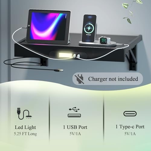 TEAMIX Floating Nightstand with Charging Station, Wall Mounted Folding Bedside Shelf Combo Nightstand with Led Light USB Type C Ports, Space Saving Bed Side Tray Storage for Bedroom, Living Room, Dorm - Image 4