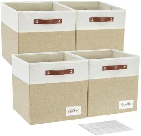 Bagnizer Collapsible Fabric Storage Cube Bins with 2 Reinforced PU Handles, Foldable Storage Organizer Baskets for Closet, Shelves, Living Room | 13"x13"x13", 4 Pack, Beige & White by Bagnizer