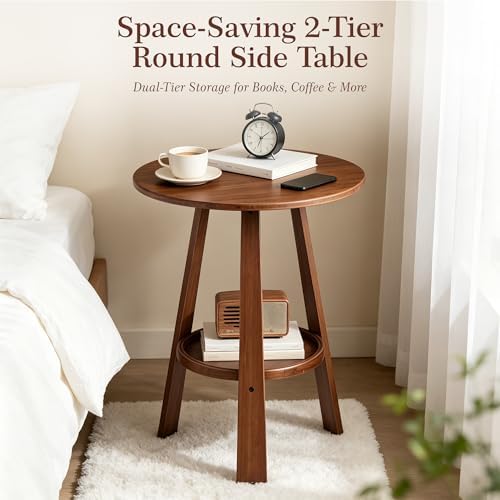 2-Tier Bamboo Round Side Table, Mid-Century Modern End Table - Image 5