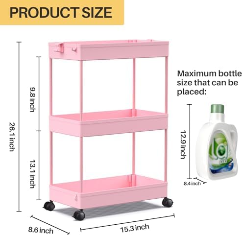 SPACEKEEPER 3 Tier Rolling Cart, Bathroom Cart Organizer with Wheels, Pink - Image 4