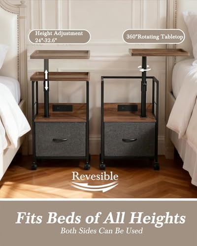 Faesun Swivel Lift Top Nightstand with Charging Station, Rolling Night Stand with Fabric Drawer, Adjustable Bedside Table for Bedroom, Living Room, Walnut Gray, Pro - Image 3