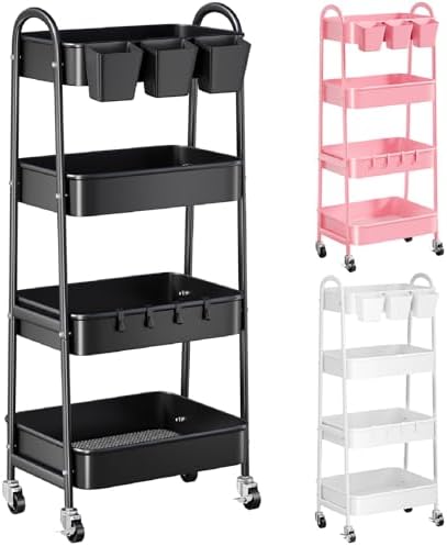 Black 4 Tier Rolling Cart Metal with Lockable Wheels, Four Tiered,38in Tall by Recximi