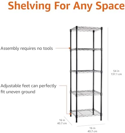 Amazon Basics 5-Shelf Tower Adjustable Storage Shelving Unit for Garage, Rust-Resistant Steel, 150 lbs Per Shelf, 16"W x 16"D x 54"H, Black - Image 3