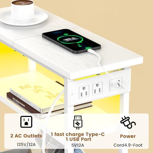 Narrow White Side Table with Charging Station and LED Light, End Table - Image 4