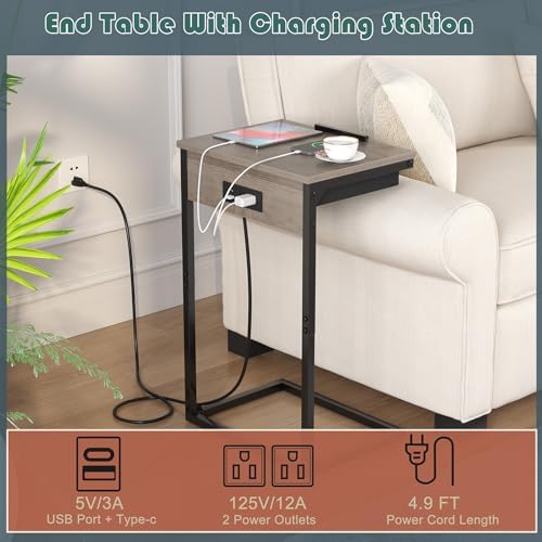 sthmec C Shaped End Table with Charging Station,45° Tiltable Adjustable Flip Top Side Table Set of 2,Small C Table Set 2 for Small Spaces,Slide Under Couch Sofa Bedside Table Living Room,Grey - Image 4