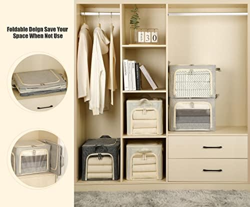 3 Openings Clothes Storage Bins with Metal Frame, Foldable Storage Bin for Clothes, Clothing Storage Bins with Lid, Linen Storage Box With Clear Window＆ Zippers＆ Durable Handles.(3 Pcs,Light Grey,40L) - Image 5