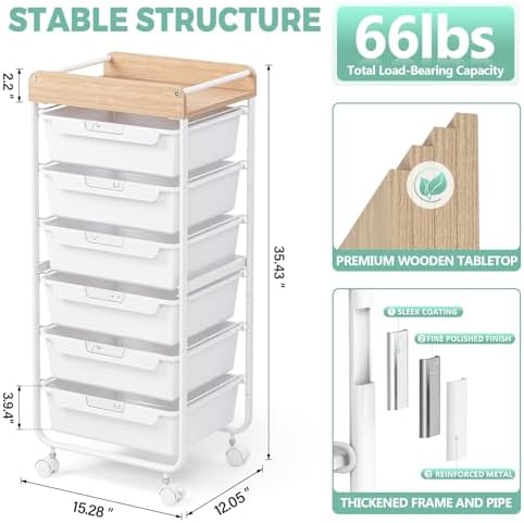 SYKIARIOL Rolling Cart with 6 Drawers,Art Craft Organizer and Storage,White - Image 5