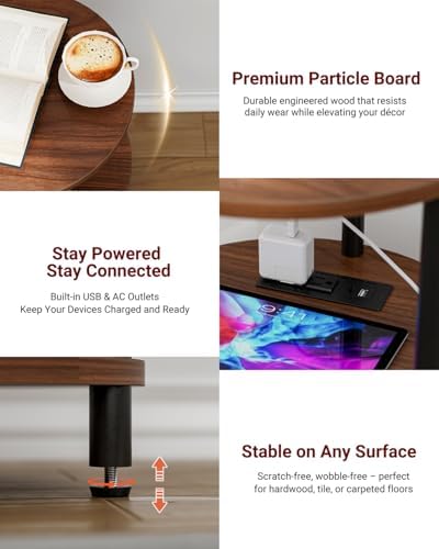 XBurmo Small Round End Table - 3 Tier Design Accent Table, Narrow Side or Bedside Stand, Industrial Vintage Table for Small Spaces, Built-in USB Ports and Power Outlet, Rustic Walnut - Image 3