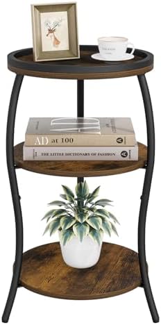 YINMIT 3 Tier Small Round Side Table, Brown Compact End Table with Tray Top by YINMIT