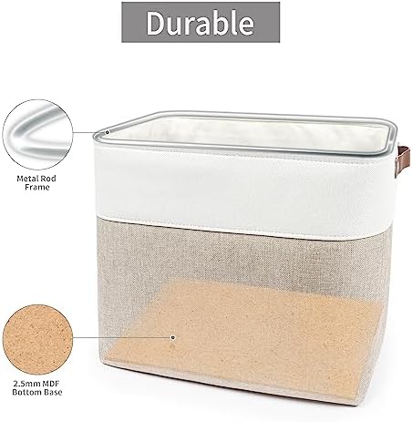 Bagnizer Large Fabric Storage Baskets | 50L Storage Bins, Decorative Linen Closet Baskets with Handles for Organizing, Shelf, Toys, Clothes, Home, Office, Nursery, 17x12x15Inches (Beige&White) - Image 4