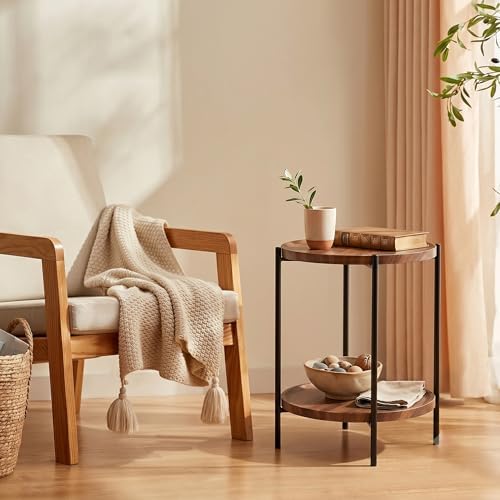 TeoKJ 2 Tier Small Side Table, Folding Round Metal End Table with Two Removable Wooden Tray, No Assembly Nightstand for Bedroom Living Room Bedside Round Bedside Table for Small Spaces, Walnut - Image 6