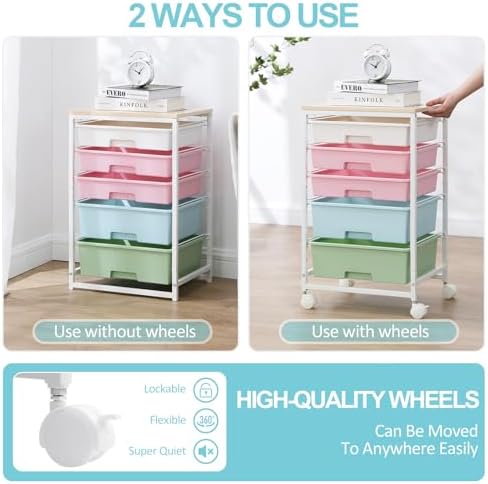 SYKIARIOL Utility Cart with 5 Drawers with Wooden Top, Rainbow - Image 6