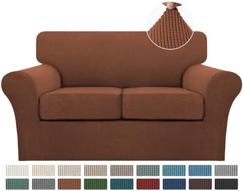 Turquoize 3 Piece Sofa Covers for 2 Cushion Couch Sofa Slipcover Soft Cover for Dogs-Washable Furniture Covers with 2 Individual Cushion Covers, Feature Jacquard Fabric(Loveseat, Caramel) by Turquoize