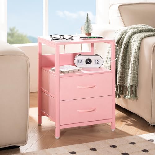 Yoobure Nightstand with Charging Station, Small Night Stand with Fabric Drawers and Storage Shelf for Bedrooms, Nightstands for Small Spaces, Bedside Table with USB Ports & Outlets Bed Side Table - Image 2