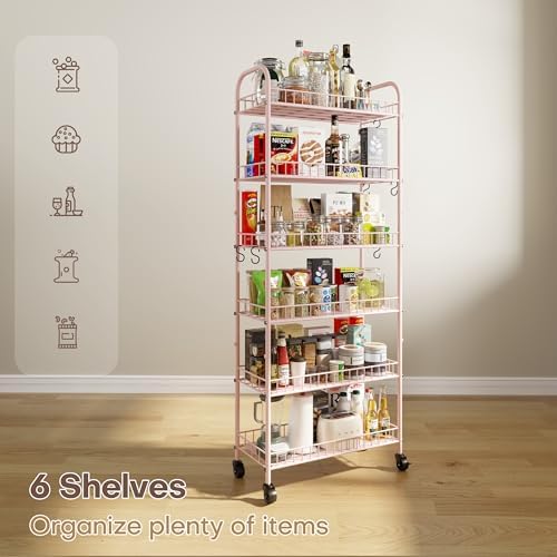 6 Tier Slim Rolling Storage Cart with Wheels, Metal Mobile Shelving Unit Organizer Utility Cart for Office Bathroom Kitchen Laundry Room Narrow Places (Pink 10 Inches) - Image 6