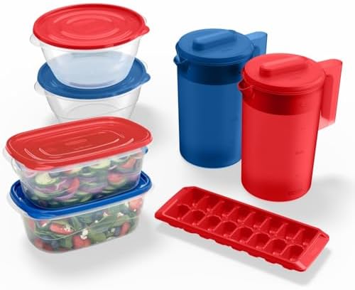 Rubbermaid TakeAlongs Special-Edition Americana 13-Piece Set of Food Storage Containers with Lids, Including Two Pitchers and Ice Tray, QuikClik Seal, BPA-Free by Unknown