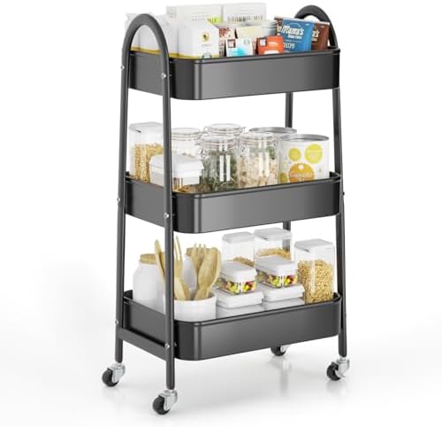 EAGMAK 3 Tier Rolling Cart, Large Metal Storage Cart with Handle and Lockable Wheels, Big Multifunctional Storage Organizer Trolley with Mesh Baskets for Kitchen, Living Room, Office, Garage (Black) by EAGMAK