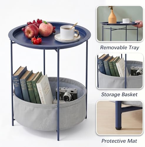 VECELO Round Side/End Table with Fabric Storage Basket，Metal Anti-Rust and Waterproof Small Bedside Nightstand with Removable Tray Top for Living Room，Balcony & Laundry，Blue /1pcs with Basket - Image 5