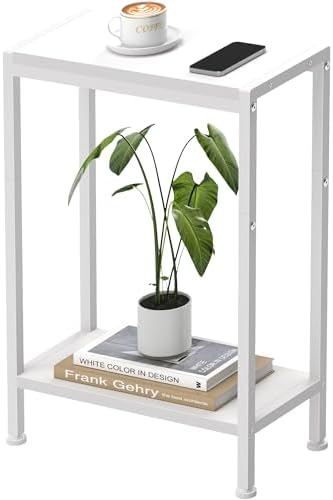 Narrow Side Table for Small Space, 2-Tier Slim End Table, Thin Nightstand, Skinny Snack Couch Table, Sofa Bedside Table, Tall Plant Stand in Living Room, Bedroom, Study, Kitchen and Balcony (White) by HOME