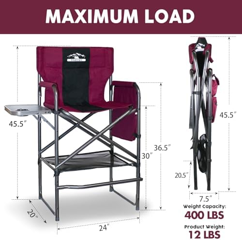 Tall Directors Chair 30" Seat Height, Bar Height Folding Chair with Side Table, Foldable Camping Chair with Side Pocket for Makeup Artist, Sports Event, Supports 400LBS - Wine Red/Black - Image 2