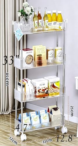 4-Tier Plastic Rolling Utility Cart with Wheels, Multifunctional Storage Organizer Cart for Home, Office, Kitchen & Bathroom, Ultra Narrow & Clear, 4.7”W * 12.8”L * 33”H - Image 2