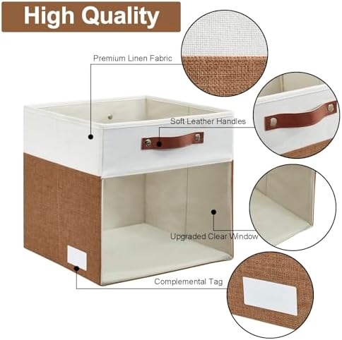 Bagnizer Storage Cubes, 4 Pack Linen Foldable Storage Bins with Clear Window and 2 Handles, 13x15x13 Storage Cube Bins for Shelf Closet, Kallax, Clothes, Books - (Brown / Off-White) - Image 4