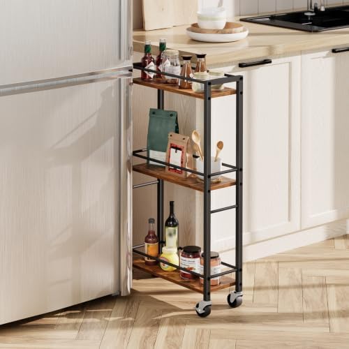 MAHANCRIS Slim Rolling Cart, Mobile Kitchen Cart on Wheels, Narrow Storage Cart for Small Space, Small Bar Cart, for Bathroom, Laundry, Living Room, Rustic Brown RCHR1501Z - Image 2