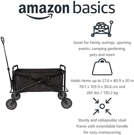 Amazon Basics Collapsible Heavy Duty Utility Wagon for Outdoor Sports, Camping, Garden, and Shopping, 265 Pounds Capacity, 27.6 x 40.9 x 20 inches, Black - Image 2