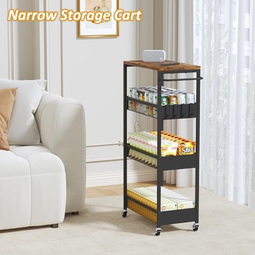 Vincona 9.1" Wide Slim Rolling Utility Cart, 4 Tier Metal Narrow Storage Cart with Handle and Wood Top, Multifunctional Small Mobile Shelf Unit Organizer Trolley for Laundry, Bathroom, Kitchen - Image 5