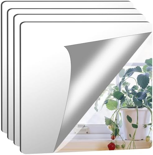 JUNEBRUSHS 4 Pack Self Adhesive Acrylic Mirror, 12X 12 Inch Mirror Tiles,Flexible Plastic Mirrors Sheets Wall Stickers,2MM Thick Mirrors,Frameless Small Mirror by JUNEBRUSHS