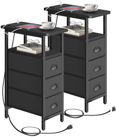 shtmec Narrow End Table Set of 2 with Charging Station, Side Tables Set 2 with Fabric Drawers, Small Bedside Tables Nightstands for Small Space, Slim Sofa Couch Table for Livingroom,Black by Unknown