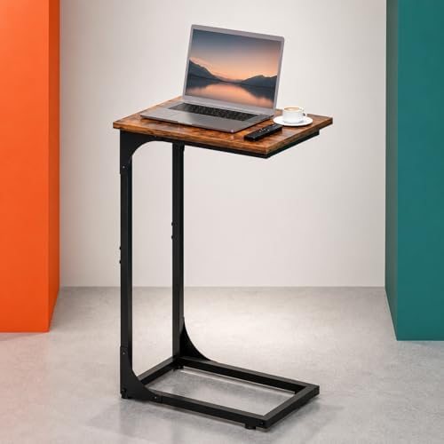 C-Shaped Side Table for Couch - Small Coffee Stand Sofa Tray Desk with Metal Frame and Waterproof Scratch Resistant, Modern End Accent for Living Room, Bedroom, Small Spaces, Rustic Brown by RISWER