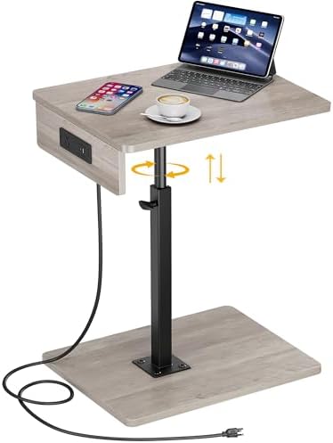 C Shaped End Table with Charging Station, Adjustable Height C Table End Table, 360°Swivel TV Tray Table for Small Spaces, Rounded Corners Couch Table, Side Tables Living Room for Sofa,Chair,Snack,Bed by Vagusicc