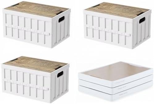 VIMI 50L Collapsible Storage Bins with Lids Stackable Utility Crates with Handles Plastic Large Folding Containers for Organizing Tools,Books,Food,Drinks,Camping&Transport (White-3 Pack) by VIMI