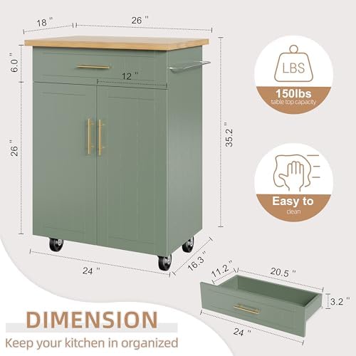Shintenchi Kitchen Island cart with Storage, Portable Bar Cabinet on Wheels, Rolling Microwave Cart Side Table with Workstation for Kitchen, Dinning Room, Green - Image 3