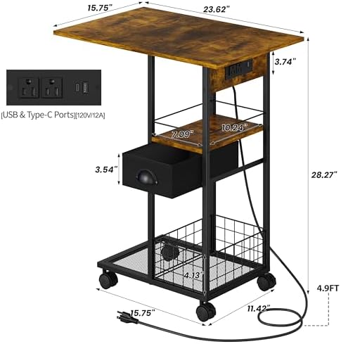 Rolling C-Shaped Side Table with Charging Station, Night Stand with Type-C & USB Port and Outlet for Bedroom, Spacious Coffee Table with Wheels for Living Room, Home Office, Small Space(Large Desktop) - Image 3
