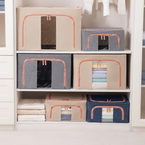 GuliPostan 3 Pack 66L Stackable Clothes Storage Bins with Metal Frame Handles & Zipper, Collapsible Closet Organizer Box with Lid for Bedding Blankets Towel (Grey) - Image 7