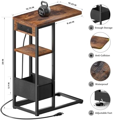 C Shaped End Table with Charging Station,3-Layer Sofa C Table Side Table, Slide Under Sofa Desk Snack Tables with Storage Bag w/AC U-S-B Port & Socket,Small Spaces Drink Tables for Living Room - Image 3