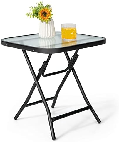 GIANTEX Square Folding Side Table, Patio Table w/Tempered Glass Tabletop by Giantex