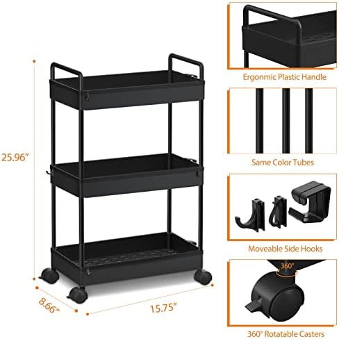 Ronlap 3 Tier Slim Rolling Storage Cart with Wheels Utility Organizer,Black - Image 2