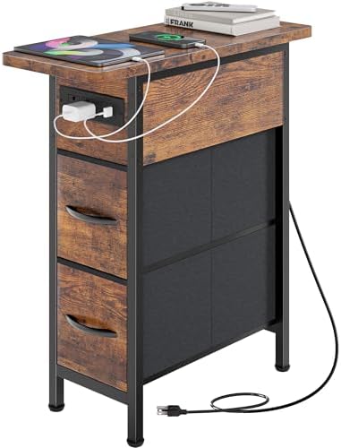Huuger Narrow End Table with Charging Station, Side Table with 2 Drawers by Huuger