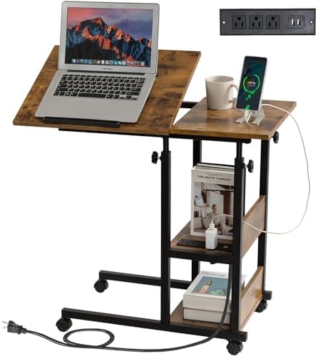 Hadulcet Adjustable C Table with Charging Station, Tiltable Desk C Shaped End Table for Couch, Over Bed Table with Wheels Adjustable Height, Hospital Table Laptop Stand Drawing Desk, Rustic Brown by Hadulcet