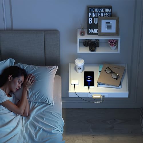 TEAMIX Floating Nightstand with Charging Station, Wall Mounted Folding Bedside Shelf Combo Wood Nightstand with Led Light USB Type C Ports, Bed Side Storage Tray Caddy for Bedroom, Living Room, Dorm - Image 2