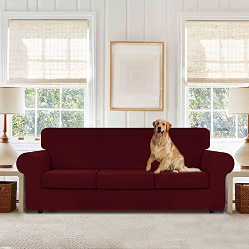 WEERRW 4 Pieces Couch Cover for Sofa Velvet Sofa Covers Washable, Burgundy - Image 2