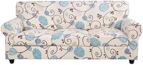 SearchI Stretch Sofa Cover Printed Couch Cover, Floral Pattern 4 Pieces Sofa Slipcover with 3 Separate Cushion Cover, Washable Furniture Protector for Living Room(Sofa, Ball Flower) by SearchI