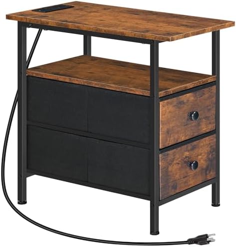 HOOBRO End Table with Charging Station, Narrow Side Table, Nightstand with 2 Non-Woven Drawers, Slim Sofa Side Table, for Small Spaces, Living Room, Bedroom, Rustic Brown and Black BF486UBZ01 by HOOBRO