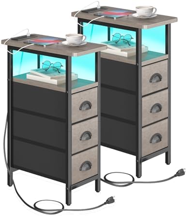 shtmec Narrow End Table Set of 2 with Charging Station, LED Side Tables Set 2 with Fabric Drawers, Small Bedside Tables Nightstands for Small Space, Slim Sofa Couch Table for Livingroom, Grey by Unknown