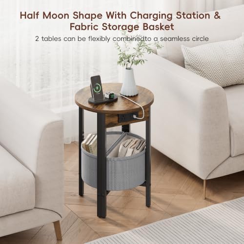 VAGUSICC Round Side Table with Charging Station, Small Round Accent End Table with Fabric Basket, Set of 2 Half Moon Tables Coffee Table, Bedside Table, Modern Nightstand for Living Room Bedroom,Brown - Image 5