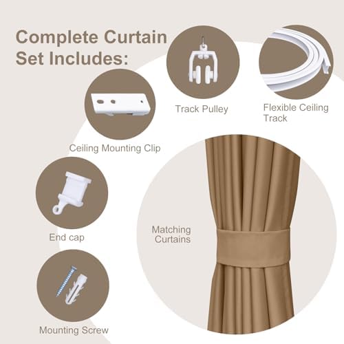MaKefeile Room Divider Curtains & Flexible Bendable Tracks Set,Privacy Dividers Ceiling Track Curtain Window Blackout Curtains for Living Room Bedroom (W180 × H96 in 1 Panel Khaki Drape & White Rail) - Image 2