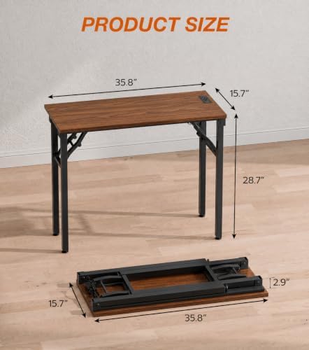 XBurmo Small Folding Desk Folding Table, No Assembly Foldable Desk Gaming Desk, 35.8-Inch Computer Table Workstation with 2 AC Outlets and 2 USB Ports for Bedroom and Home Office, Dark Walnut - Image 2